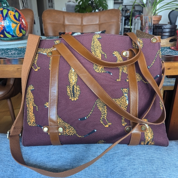 Like New ModCloth Canvas Tote Bag RARE LEOPARD Satchel Purse Messenger - Picture 6 of 6